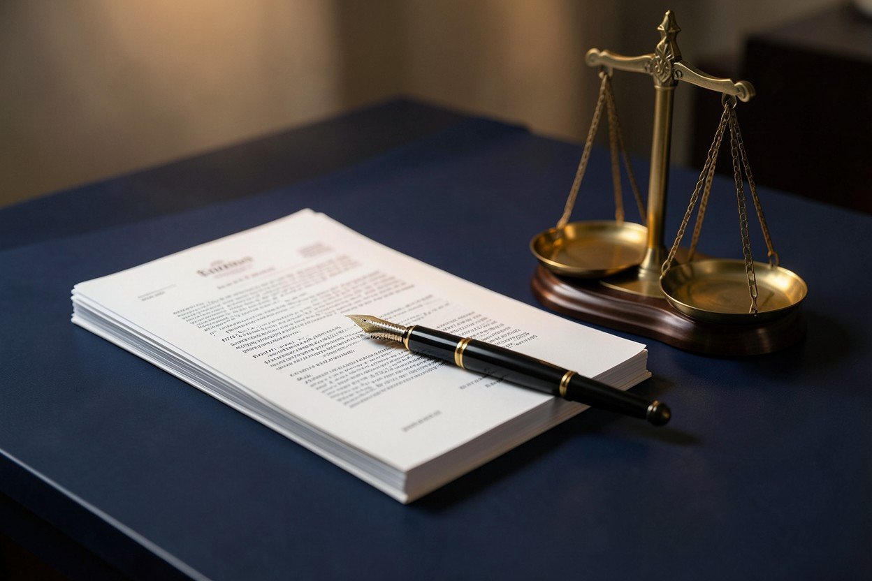 Documentos legales, pluma y balanza de la justicia sobre un escritorio